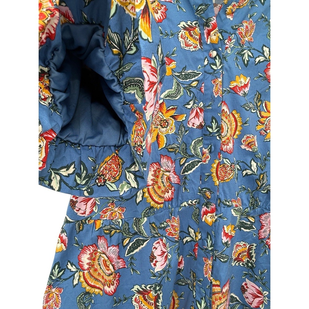 Joie Women Sz 16 Floral Puff Sleeve Dress Boho Blue Button Front Pockets Shift - Picture 4 of 12